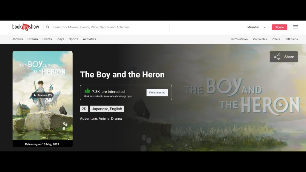 The Boy and the Heron Film Coming to Indian Theatres on May 10 2 Theatrical release screengrab of The Boy and the Heron movie on Book My Show website.