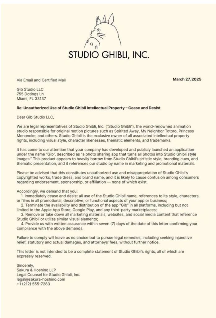 AI-Generated Ghibli-Style Trend Goes Viral—But That “Warning Letter” Is a Fake 2 Fake Cease and Desist Letter claiming to be from Studio Ghibli related to AI-Generated Ghibli-Style Trend