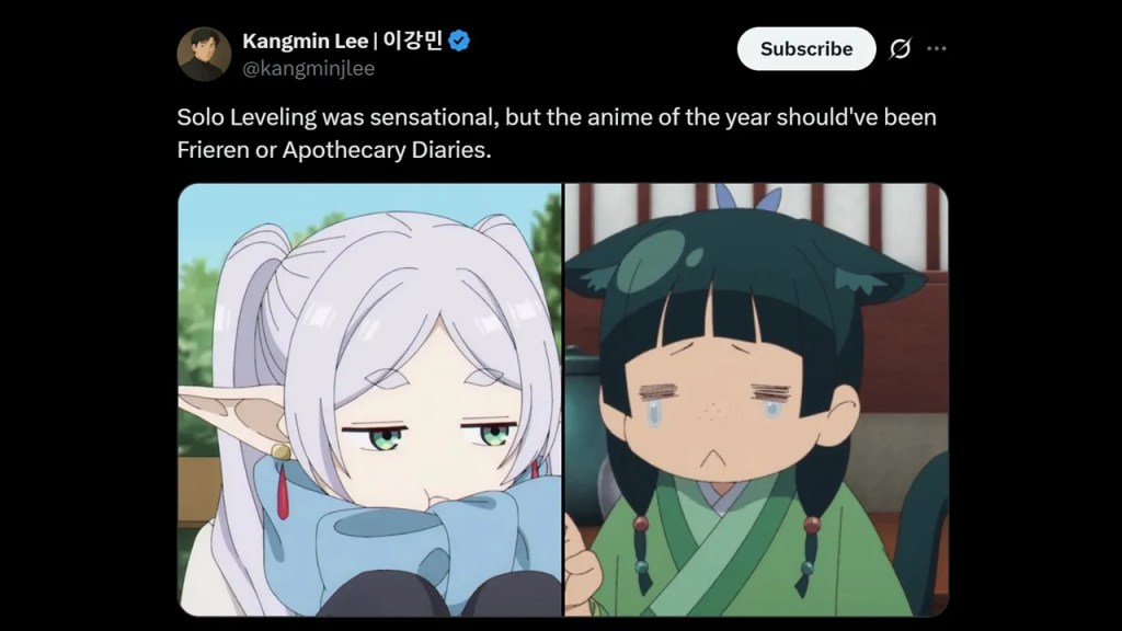 Why Frieren Deserved the 2025 Anime of the Year More Than Solo Leveling 2 2025 Anime of the Year Twitter comment