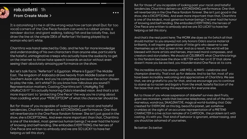 One Piece Team Stands Tall Against Racist Backlash Over Vivi’s Casting of Charithra Chandran 3 Charithra Chandran One Piece Rob Colletti's comment